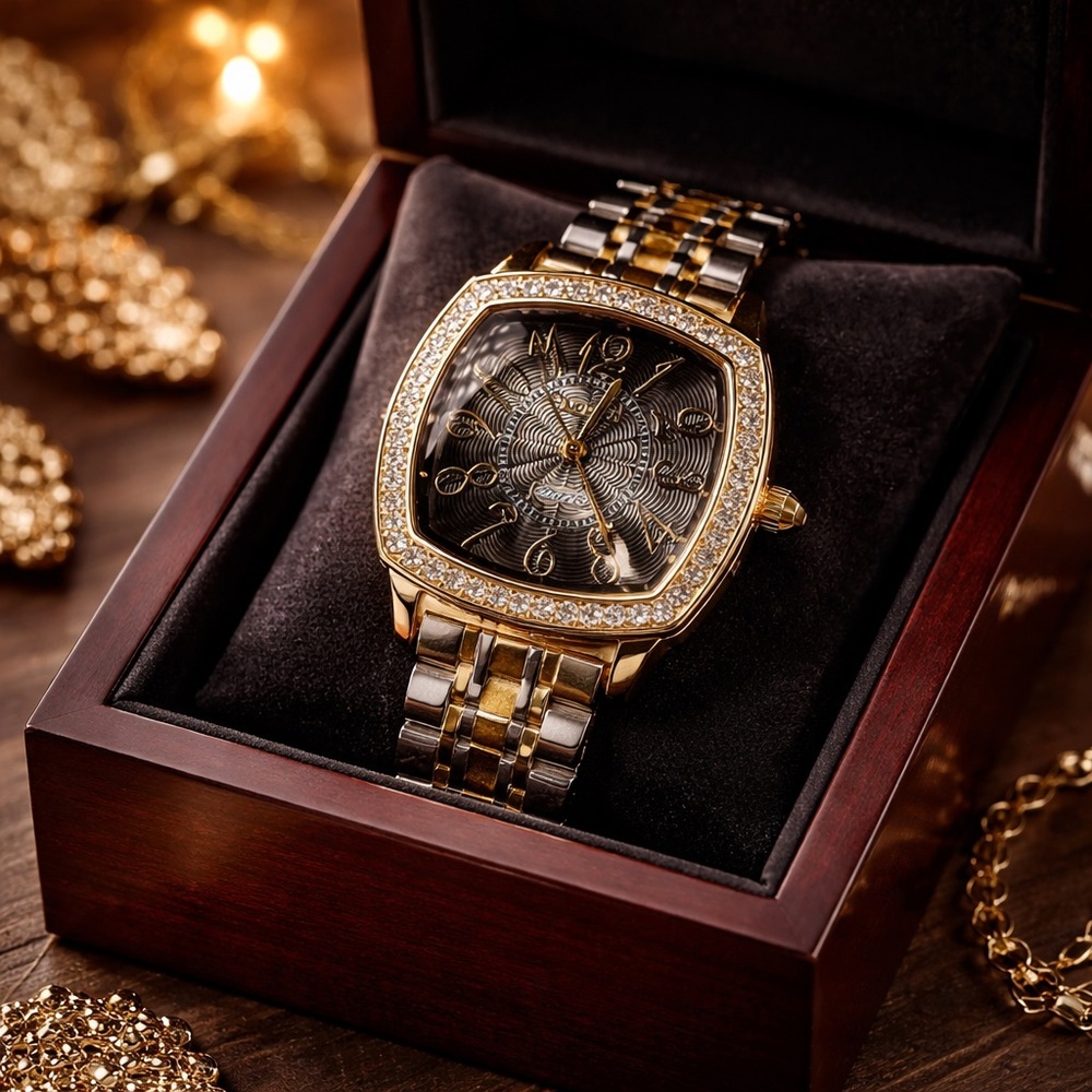Elegant Invicta women’s Gold and Silver Watch with Crystal Accents Black Face